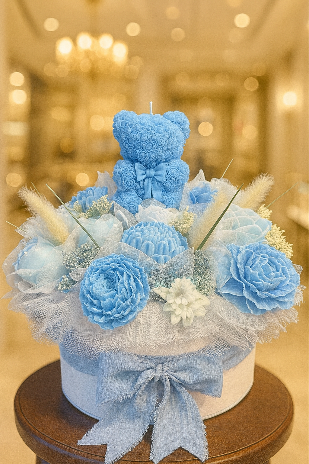 Blue Teddy Bear Flower Bouquet Candle Arrangement